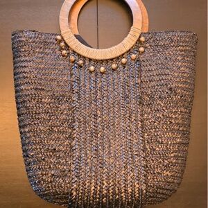 Woven Straw Handbag with Wooden Handles - Black